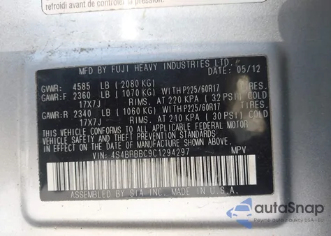 2012 Subaru Outback 2.5I Premium from USA, damaged, VIN 4S4BRBBC9C1294297